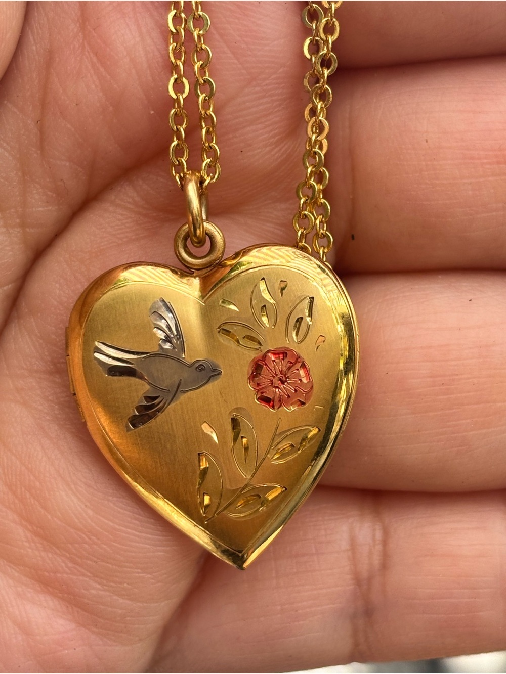 Vintage Gold Filled Heart Locket Necklace Bird Flower 17.5” Photo Pendant